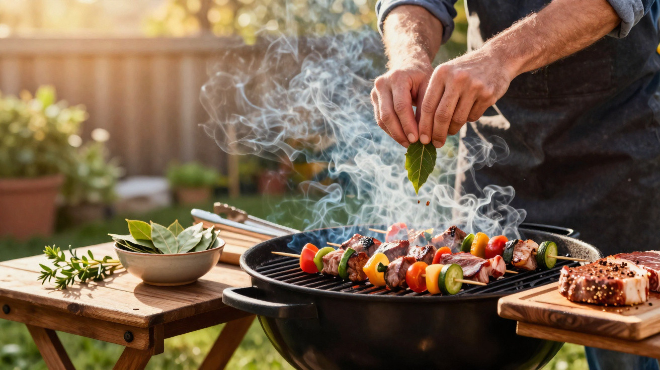 Pessoa temperando espetinhos de legumes e carne em churrasqueira com fumaça ao ar livre no quintal.