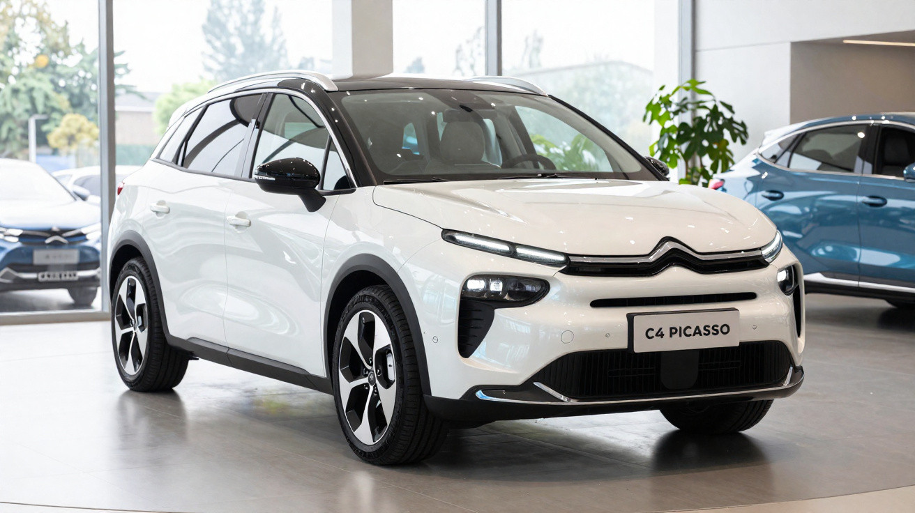Carro branco Citroën C4 Picasso exibido em showroom com teto preto e rodas esportivas.