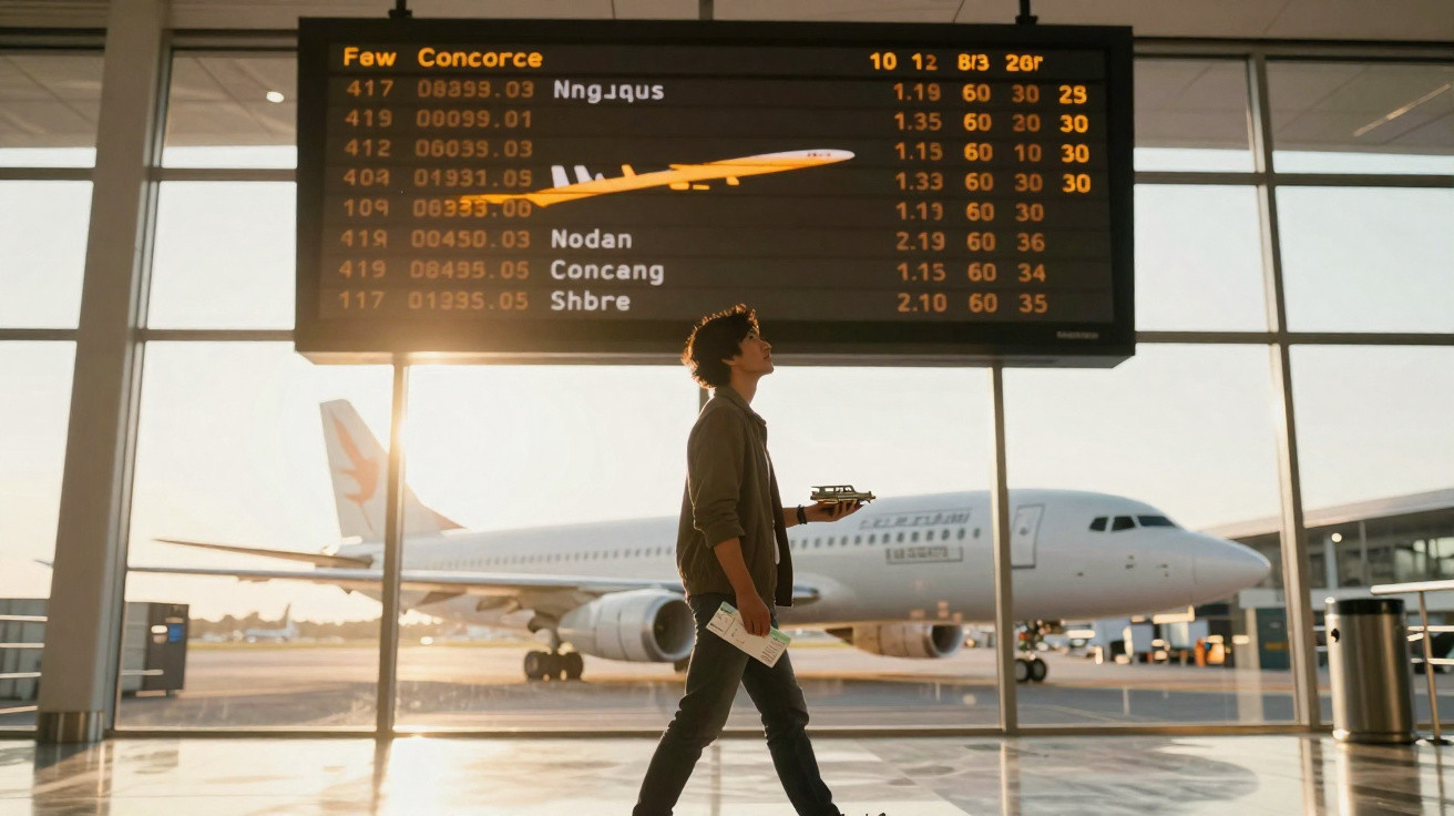 Jovem caminha no aeroporto segurando documentos, com avião e painel de voos ao fundo.