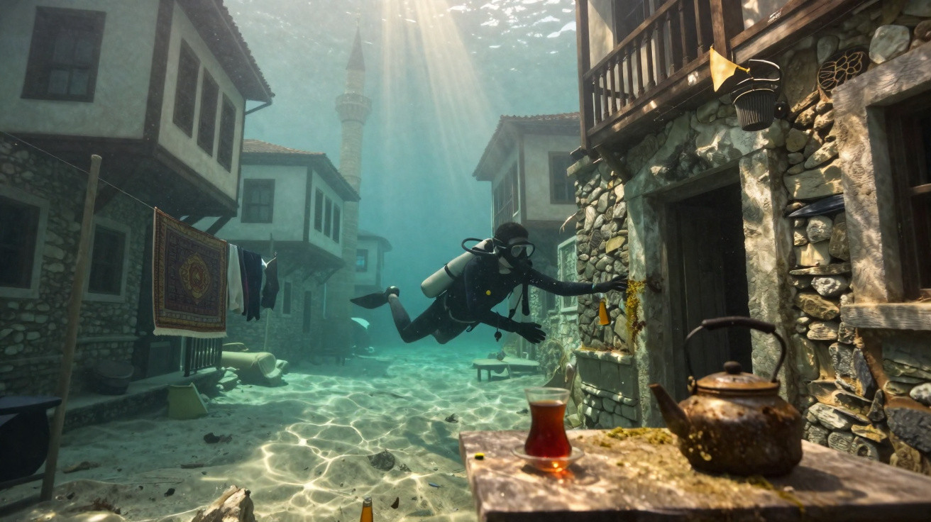 Mergulhador explorando rua submersa com casas antigas, chaleira oxidada e copo de chá na frente.