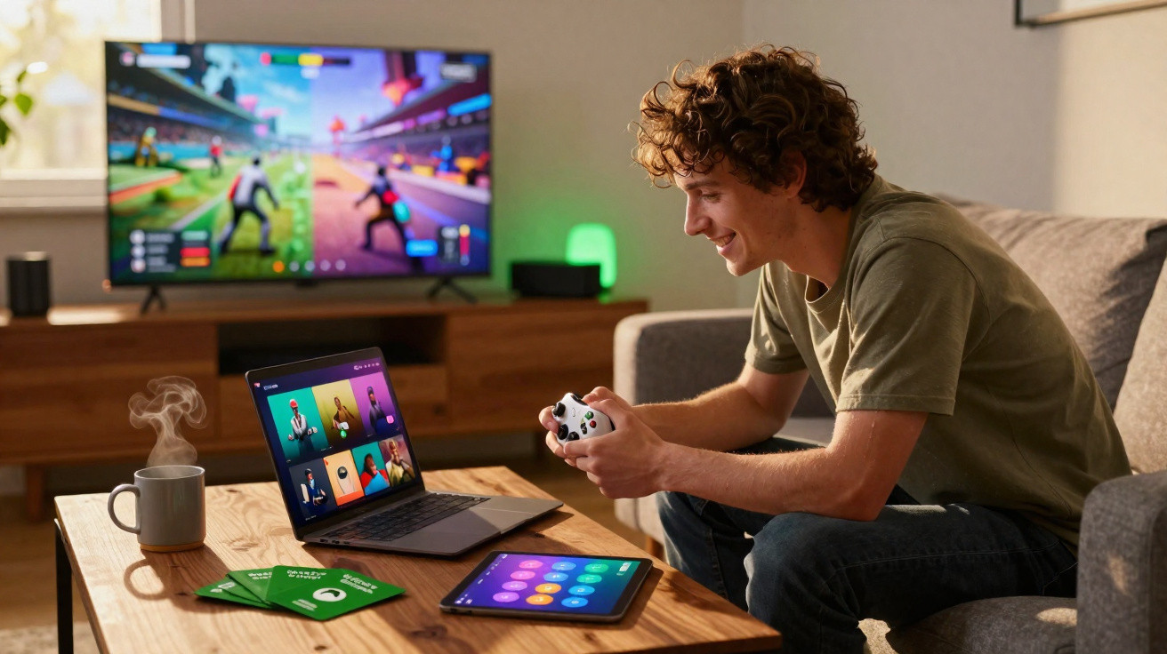 Jovem jogando videogame com controle, laptop, tablet e xícara de café em mesa de madeira na sala.