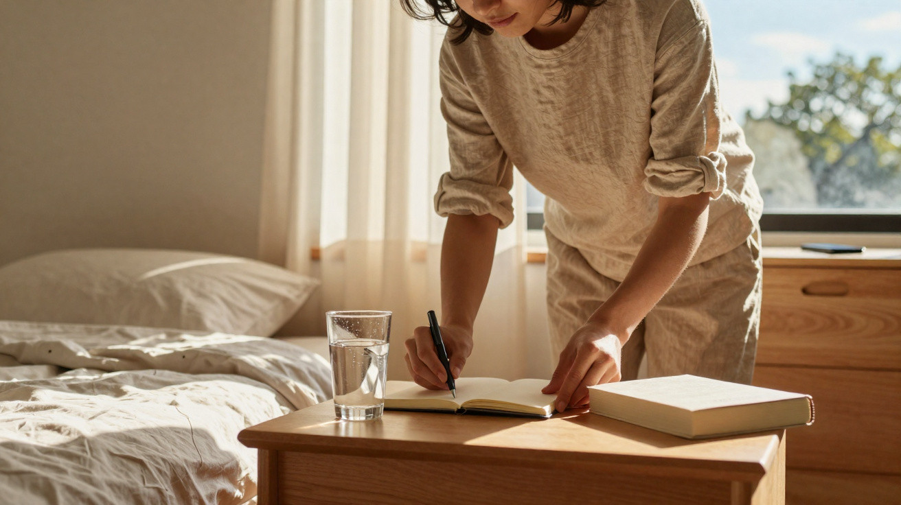 Pessoa escrevendo em caderno sobre mesa ao lado de cama em quarto iluminado pela luz natural.
