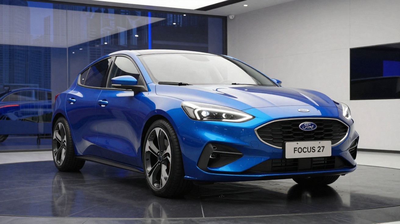Carro Ford Focus 27 azul exibido em showroom moderno com piso mármore escuro e paredes brancas.
