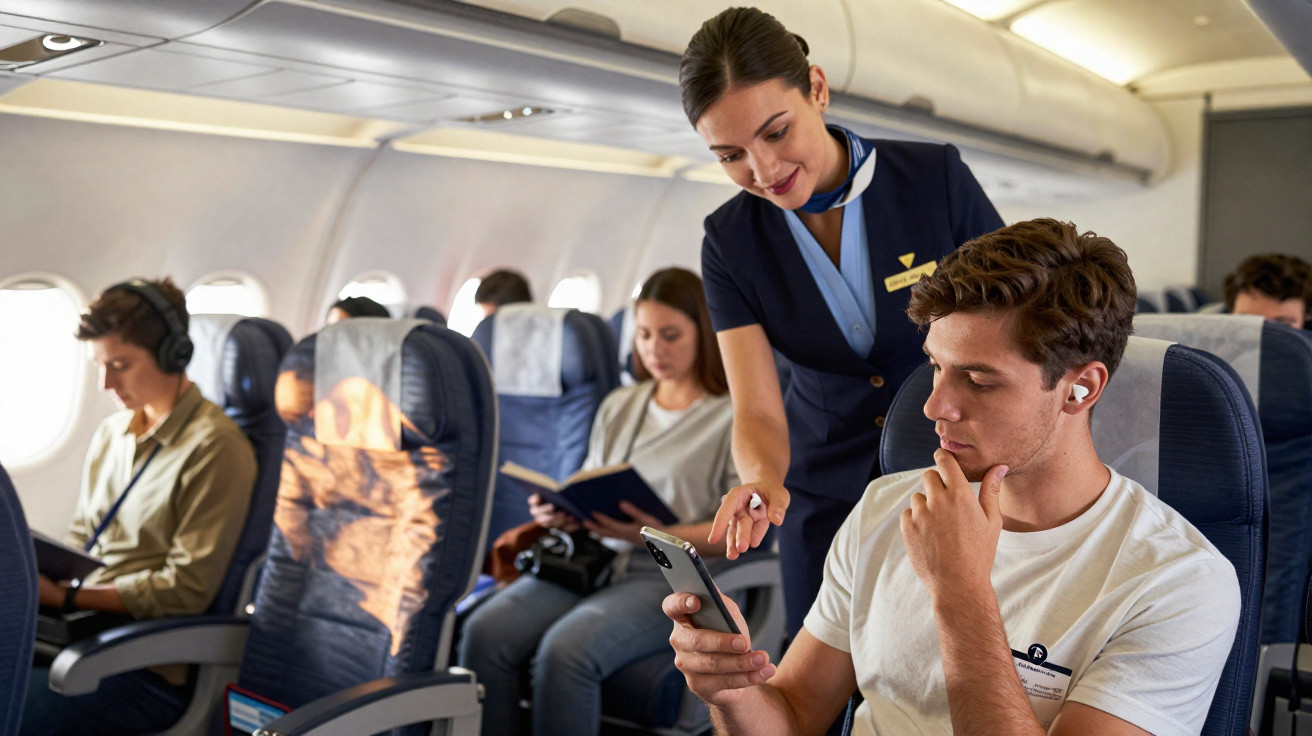 Comissária auxiliando passageiro com celular durante voo em avião comercial.