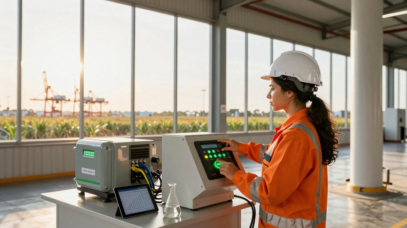 Mulher com capacete branco e uniforme laranja operando painel de controle em ambiente industrial.