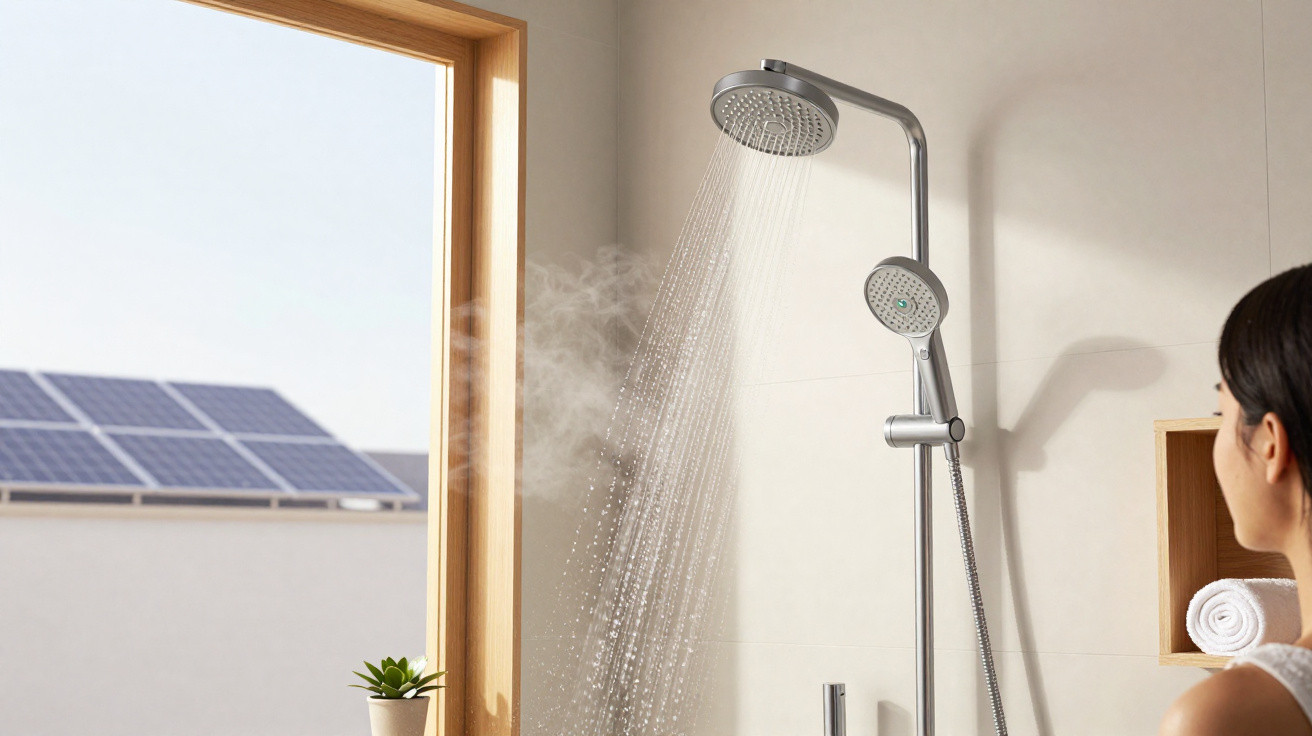 Chuveiro moderno com água quente em banheiro claro e janela com painel solar ao fundo.