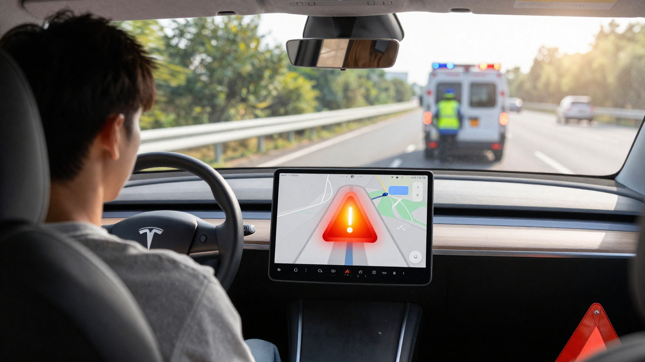 Motorista em carro Tesla vê alerta de perigo na tela do painel enquanto ambulância está à frente na estrada.