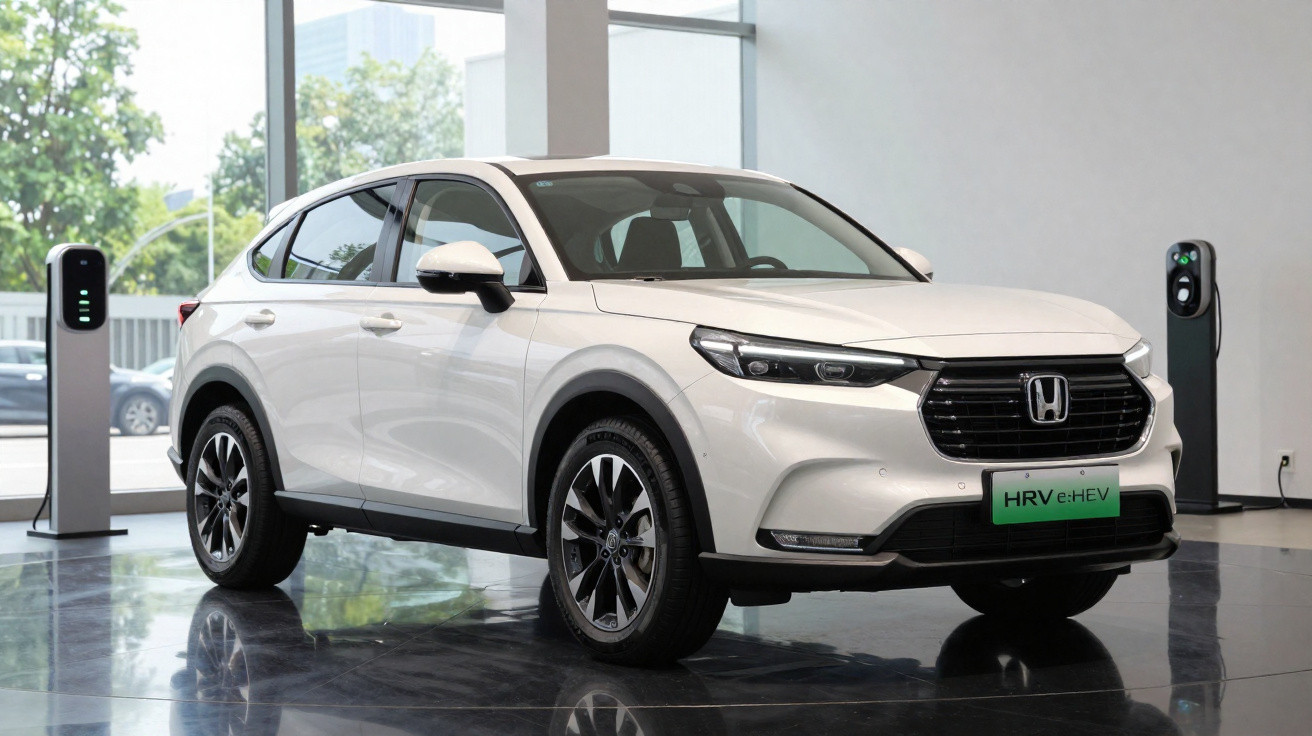 Carro SUV Honda HRV e:HEV branco estacionado em showroom próximo a estações de recarga elétrica.