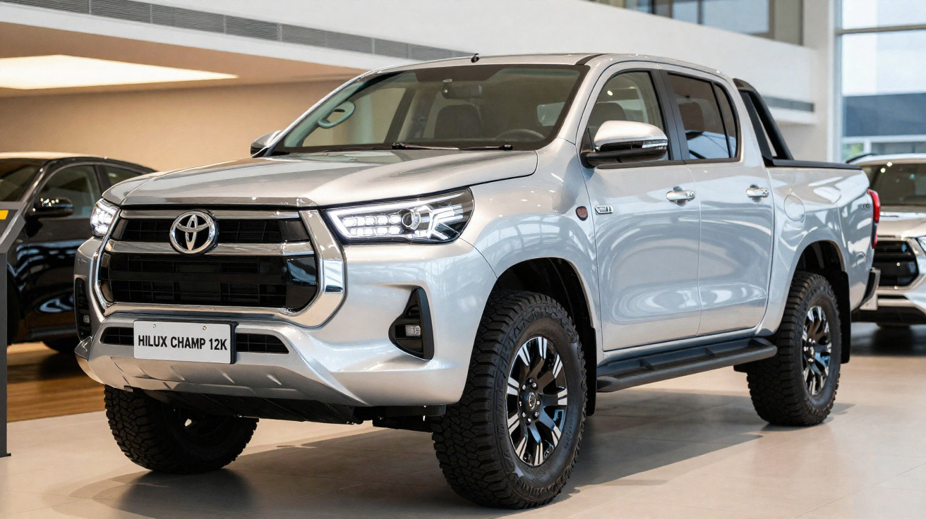 Picape Toyota Hilux Champ 12K prata em área interna de showroom automotivo.