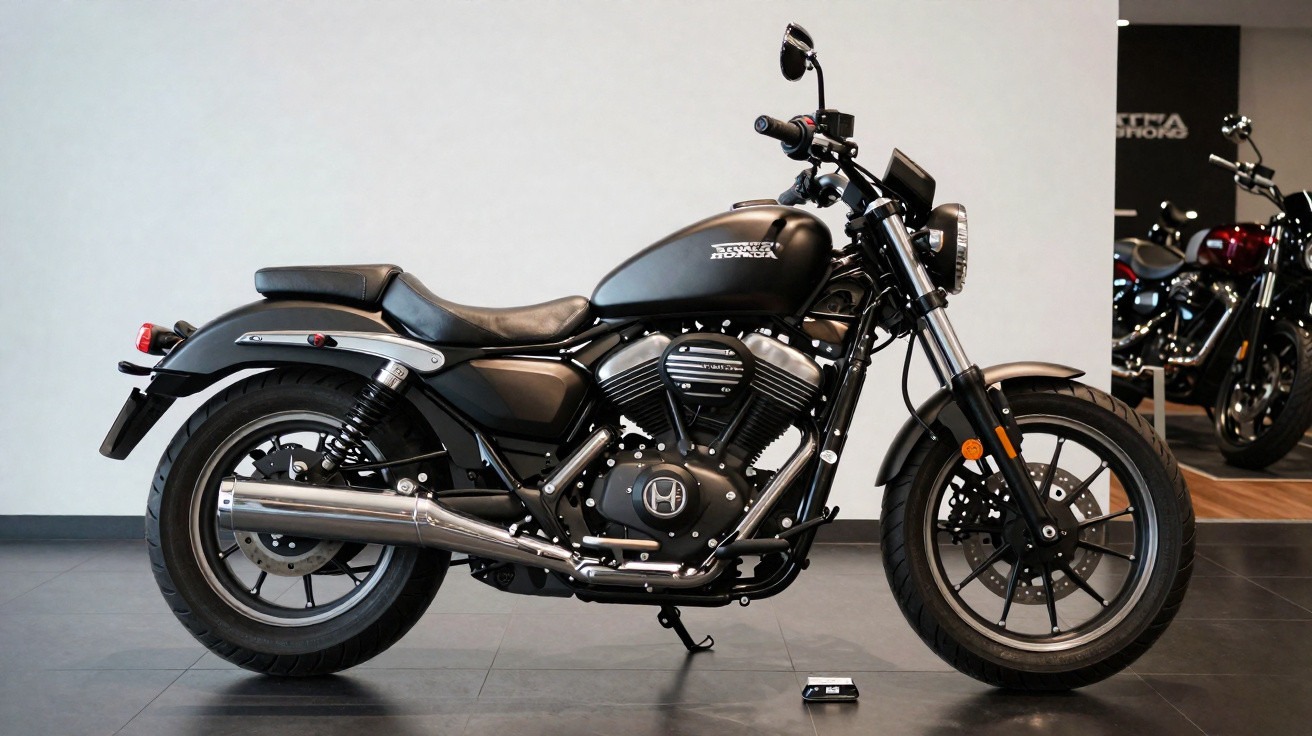 Motocicleta preta Harley-Davidson estacionada em ambiente interno com piso escuro.