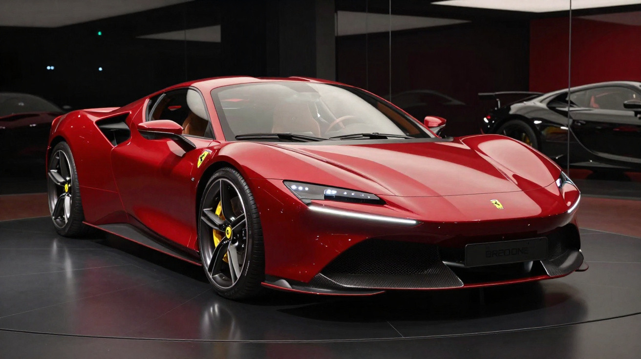 Carro esportivo vermelho Ferrari em exposição, com design aerodinâmico e rodas pretas.