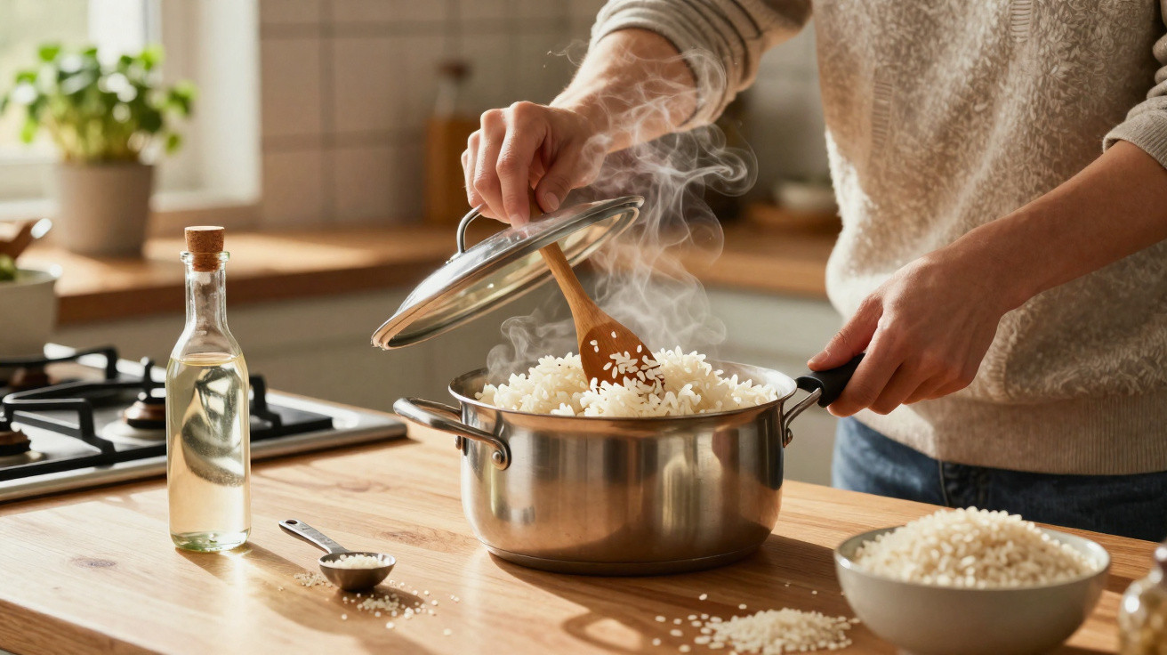 Pessoa mexendo arroz recém-cozido em panela de aço inox sobre bancada de cozinha em ambiente iluminado.