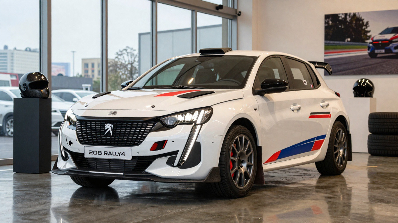 Carro branco Peugeot 208 Rally4 com detalhes em vermelho e azul em exposição interna com piso de concreto.