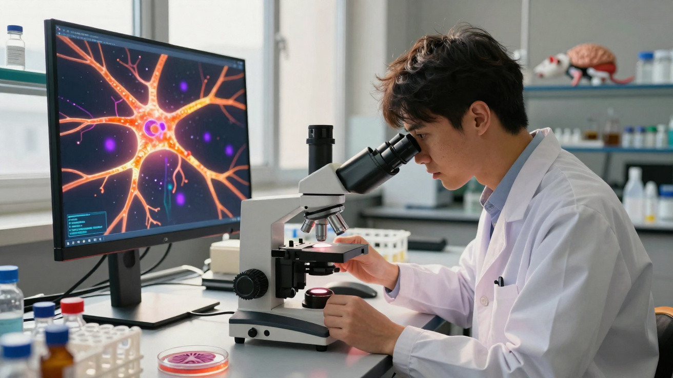 Jovem cientista usando microscópio em laboratório com imagem de neurônio na tela do computador.