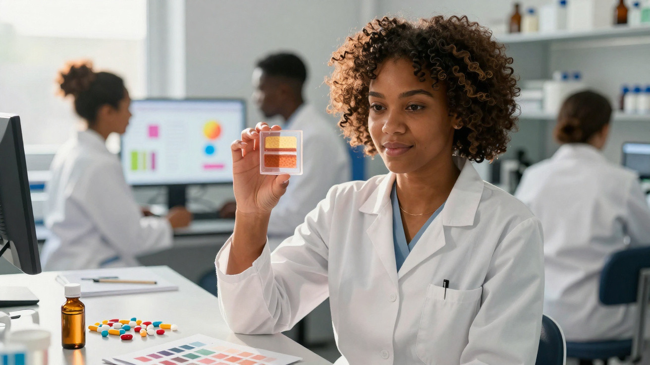 Cientista negra analisando amostra em laboratório com equipe e equipamentos ao fundo.