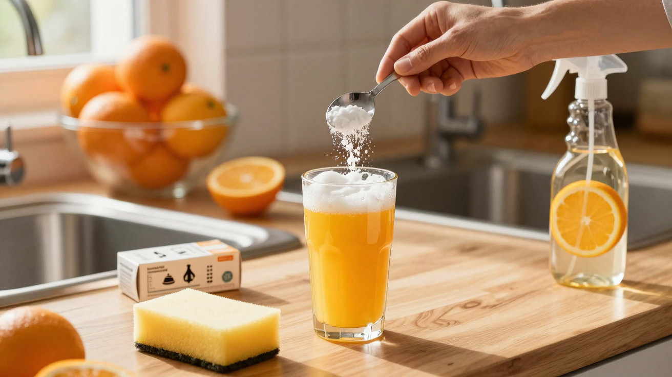 Pessoa adicionando pó efervescente em copo com suco de laranja em bancada de cozinha com esponja e spray.