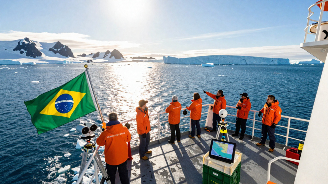 Grupo de pessoas com jaquetas laranja observando geleiras e o mar gelado no convés de navio com bandeira do Brasil.