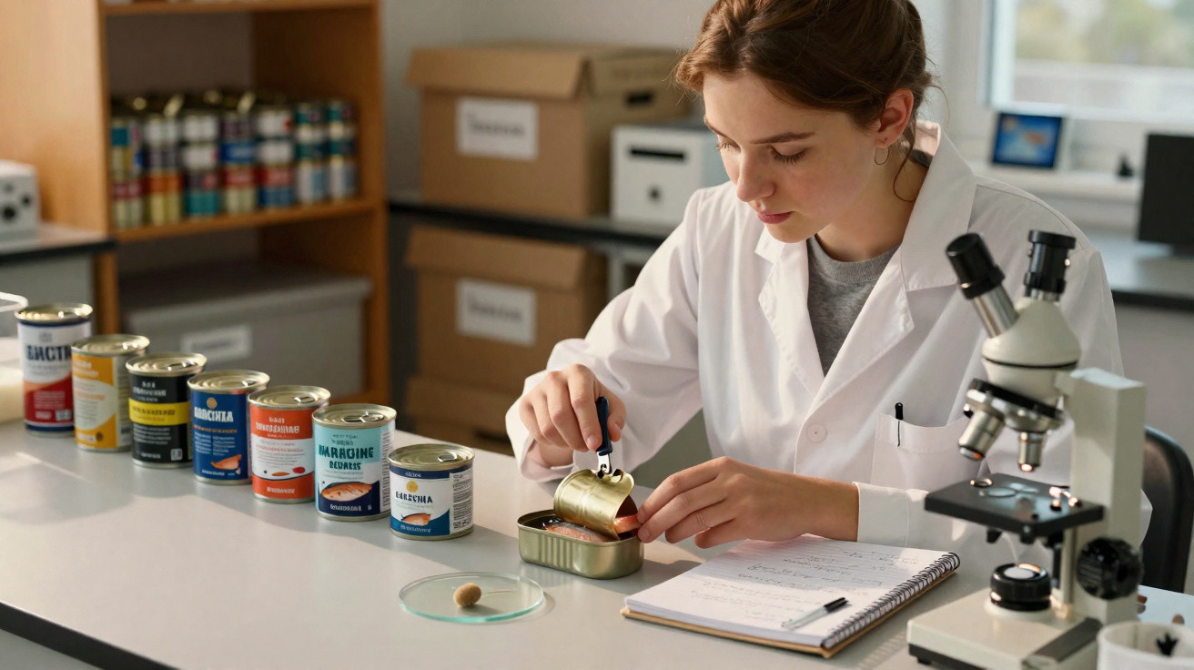 Mulher cientista em jaleco branco abre lata para análise em laboratório com microcópio e anotações.