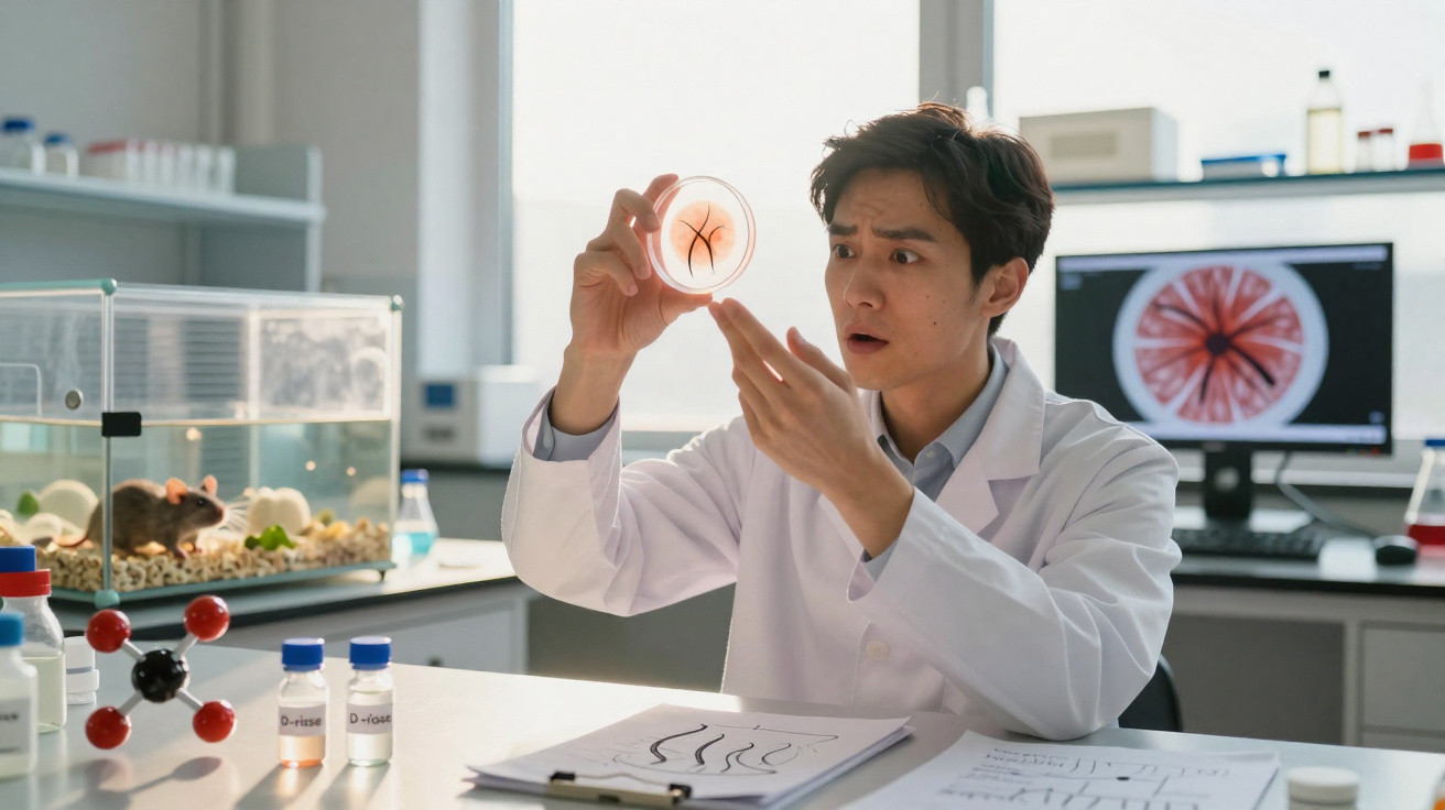 Cientista observa cultura em placa de Petri em laboratório com modelos e ratos ao fundo.
