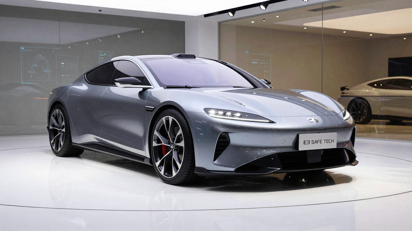 Carro esportivo elétrico cinza prata exibido em ambiente moderno com espelhos ao fundo.