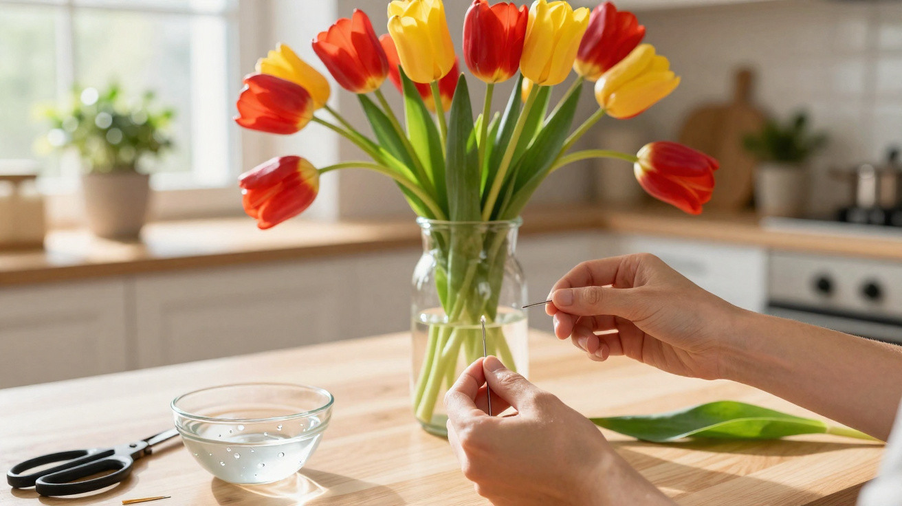 Mãos organizando tulipas vermelhas e amarelas em vaso de vidro sobre mesa de madeira na cozinha.