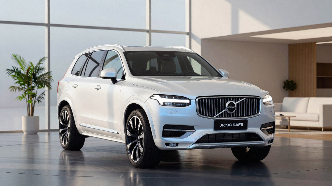 SUV Volvo XC90 branco estacionado em ambiente interno moderno com planta e sofá ao fundo.