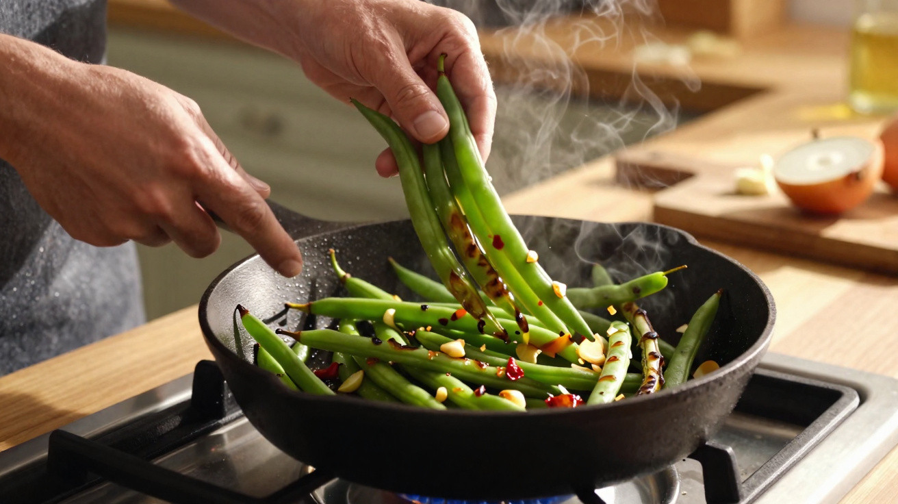 Pessoa cozinhando vagem com alho e pimenta em frigideira quente em fogão a gás em cozinha.