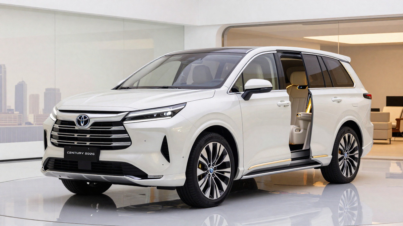 SUV branco Toyota Century 2023 com porta lateral aberta em ambiente interno moderno.