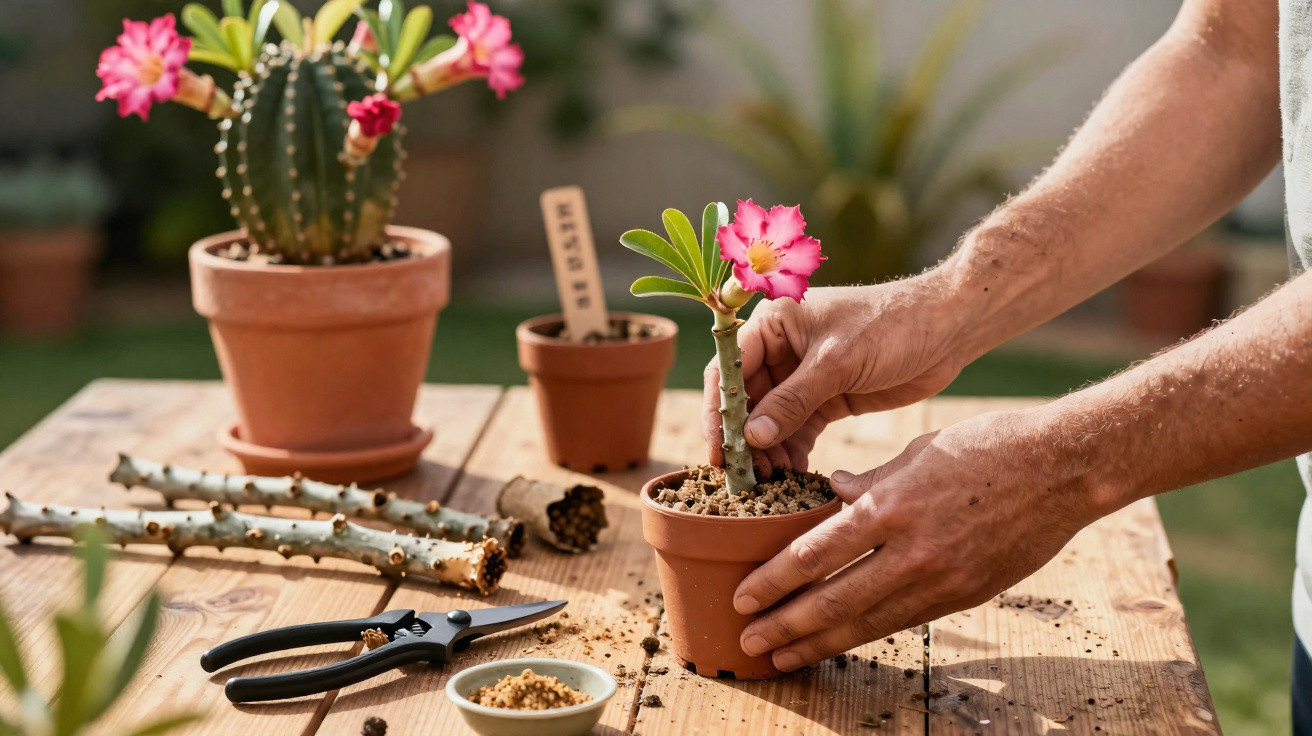 Pessoa transplantando flor rosa em vaso de cerâmica sobre mesa de madeira ao ar livre.