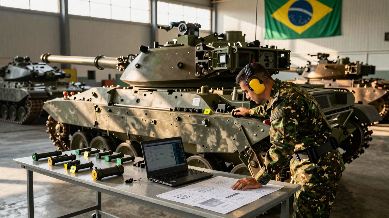 Militar brasileiro com fones de proteção inspeciona tanque em galpão com laptop e desenhos técnicos em mesa à frente.