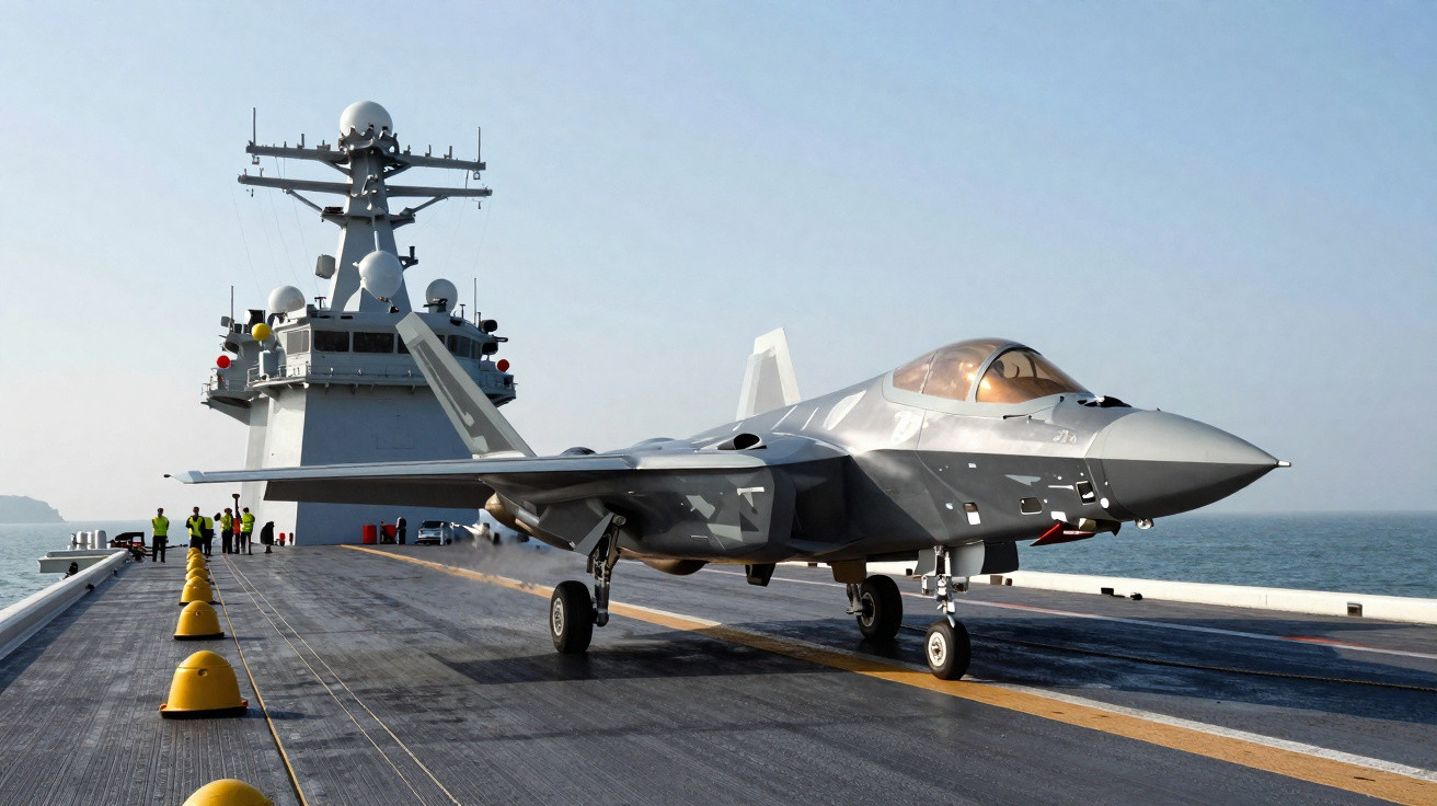 Caça F-35 em um porta-aviões da Marinha com tripulantes ao fundo no convés durante dia claro.