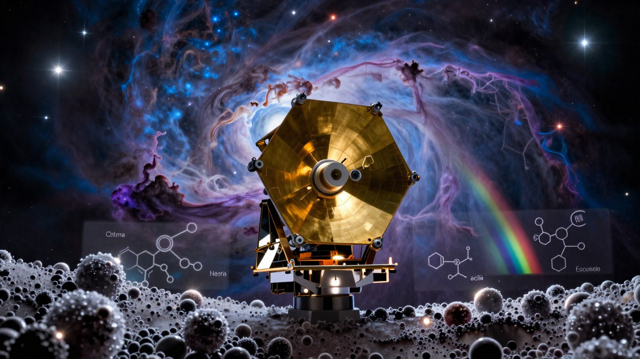 Telescópio dourado no espaço observando uma nebulosa colorida com moléculas químicas e um arco-íris ao fundo.