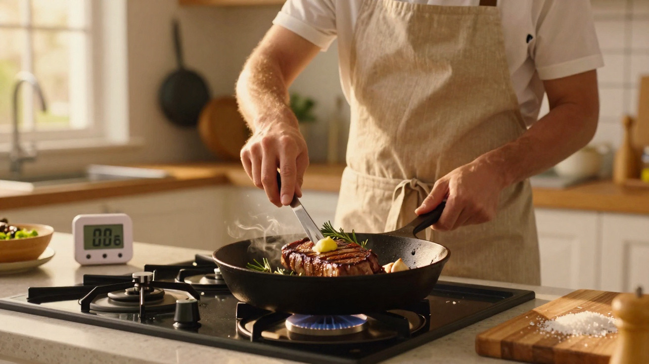 Pessoa assando bife em frigideira no fogão a gás em cozinha iluminada e com balcão de granito.