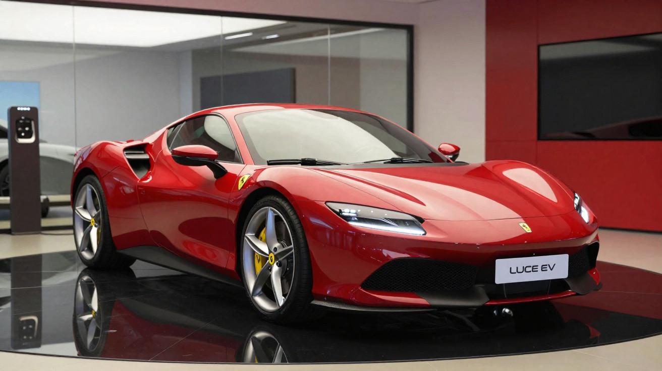 Carro esportivo vermelho Ferrari Luce EV em exposição em showroom moderno.