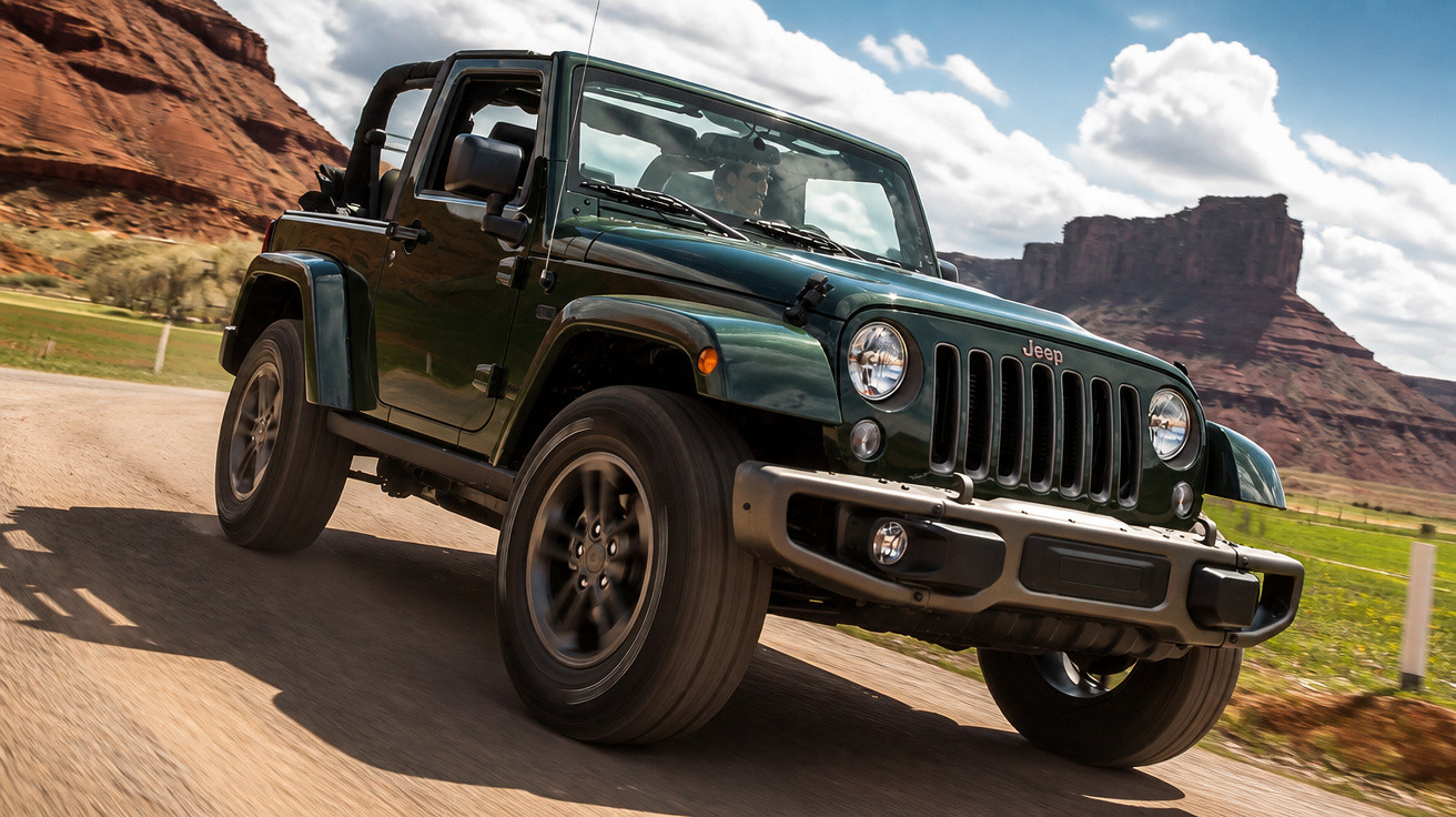 Jeep Verde escuro em estrada de terra com montanhas e céu nublado ao fundo.