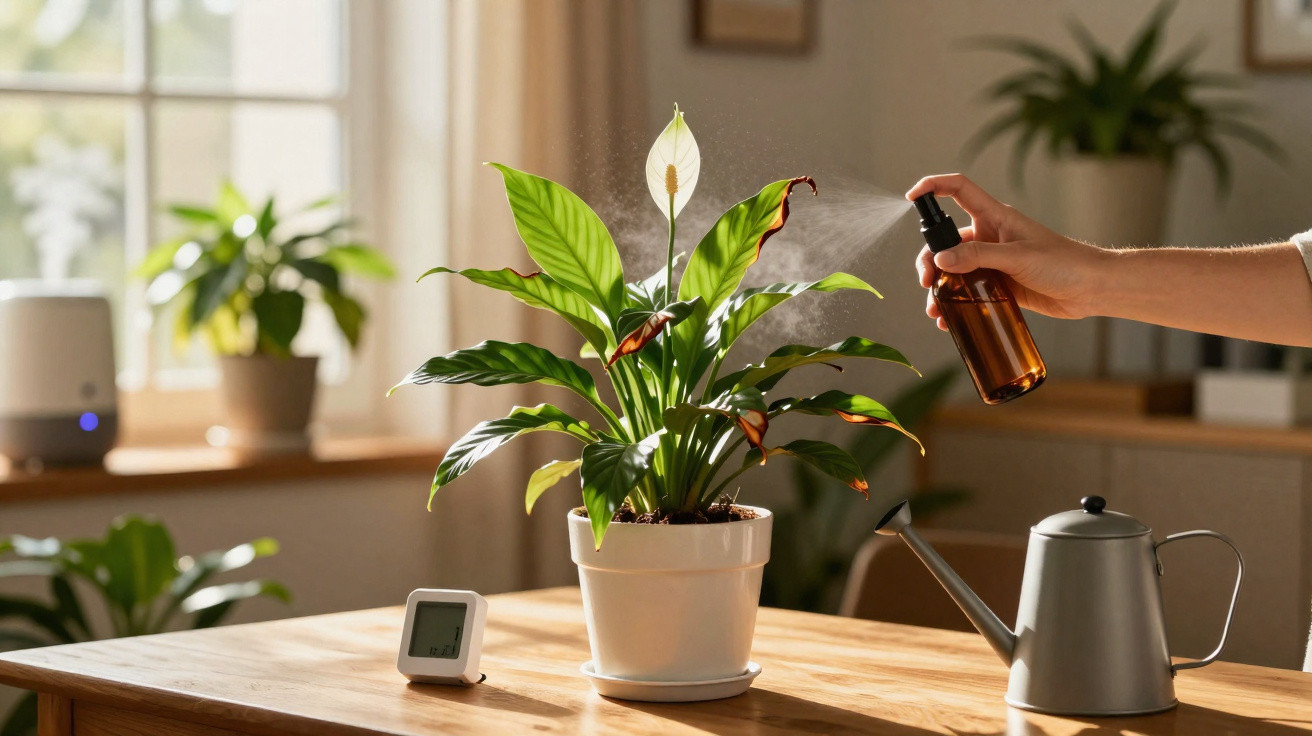 Pessoa borrifando água em planta dentro de vaso branco sobre mesa de madeira em ambiente iluminado.