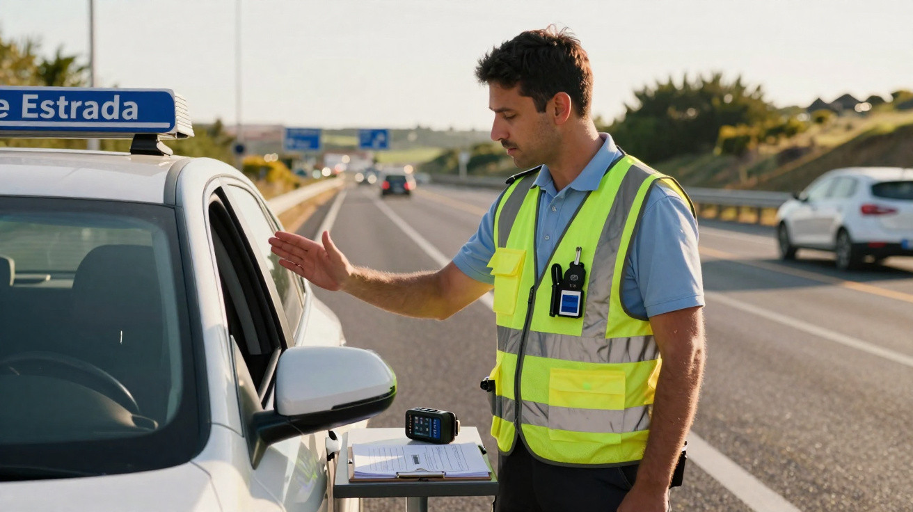 Instrutor de autoescola com colete amarelo ensinando motorista em carro parado na estrada.