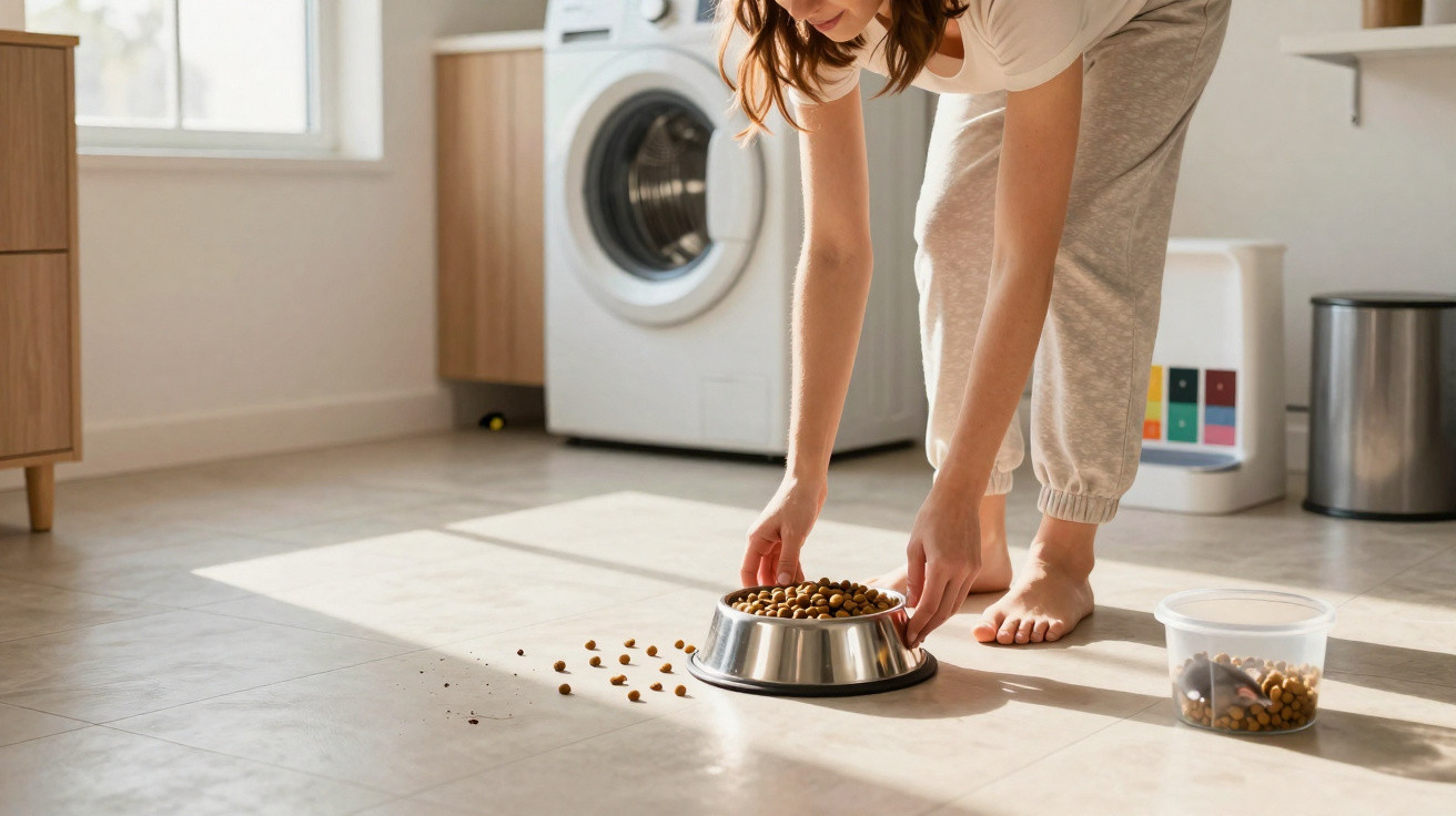 Pessoa abaixada colocando ração para pet em tigela de inox no chão de cozinha iluminada pelo sol.