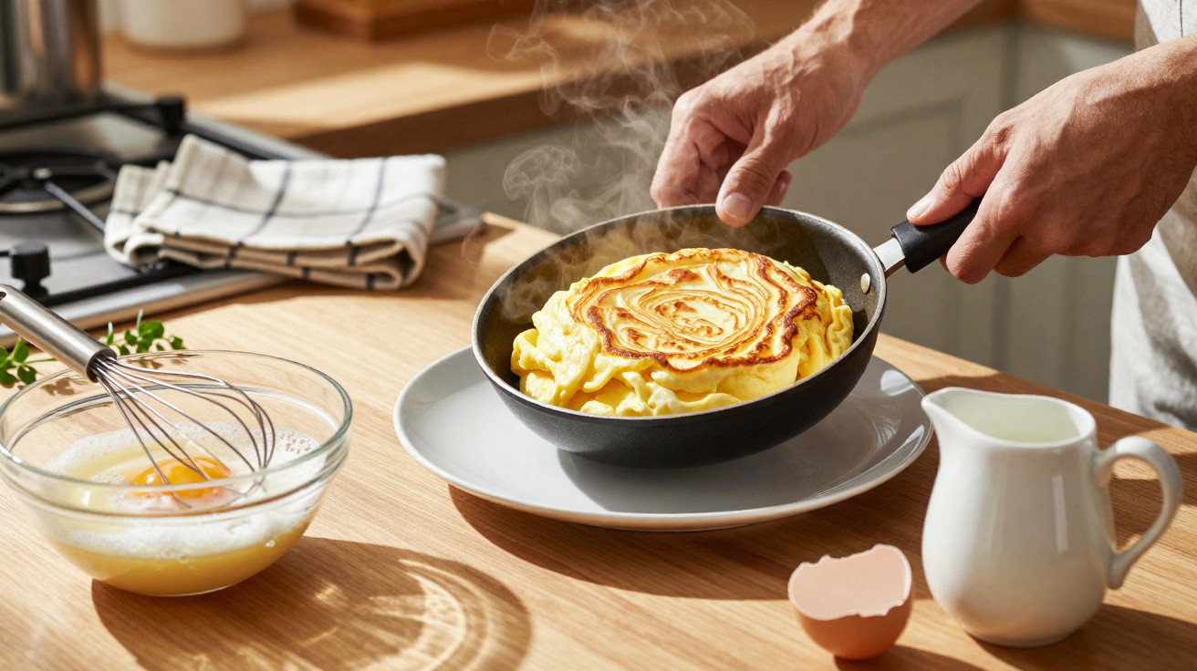 Pessoa retirando panqueca quente da frigideira sobre prato branco em cozinha iluminada.