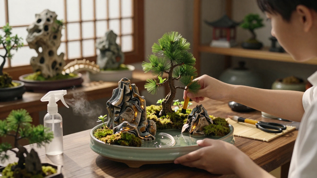 Pessoa cuidando de mini jardim japonês com pinheiro, pedras artificiais e musgo em mesa de madeira.