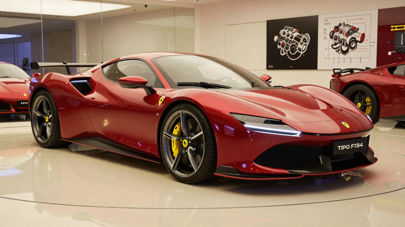 Carro esportivo vermelho Ferrari Tipo F134 exibido em showroom com rodas pretas e freios amarelos.
