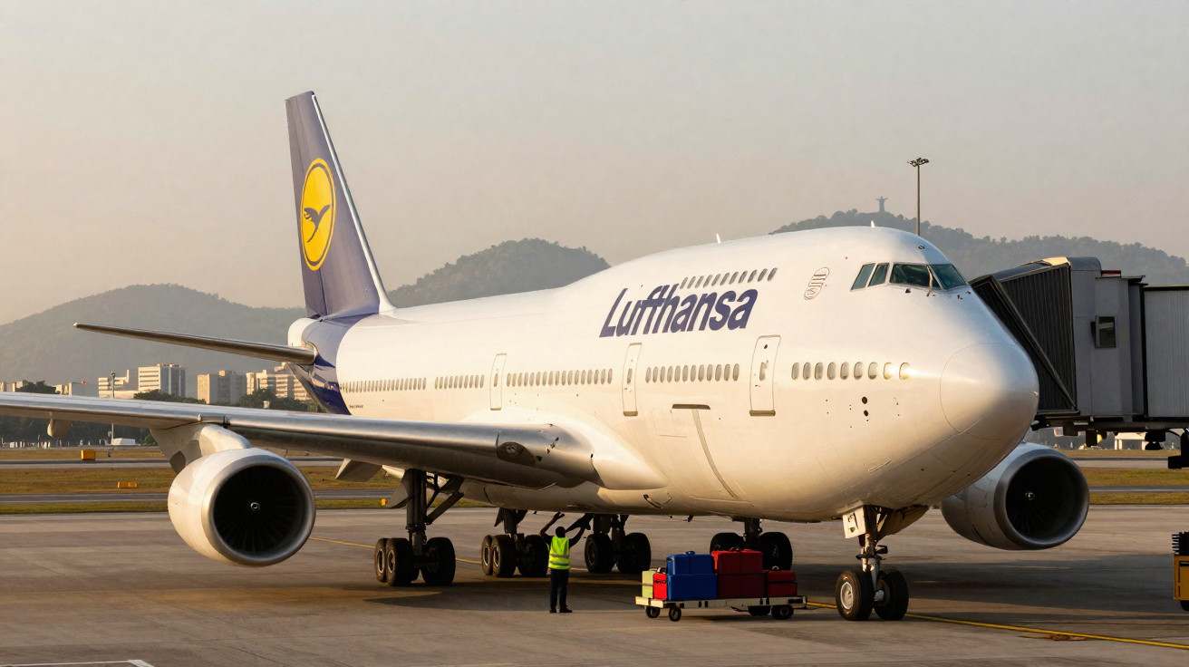 Avião Boeing 747 da Lufthansa estacionado no aeroporto com funcionário e malas no solo.