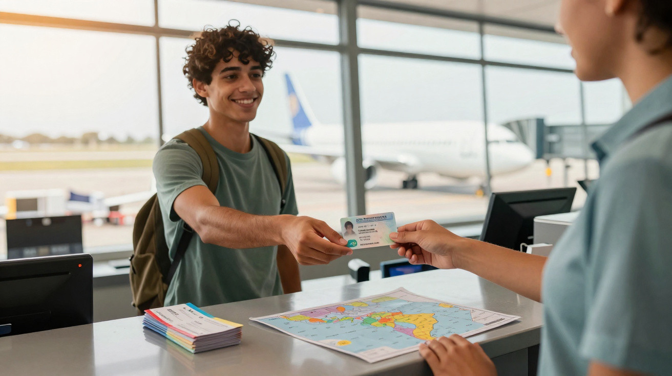 Jovem sorridente entrega documento para atendente no balcão do check-in no aeroporto com avião ao fundo.