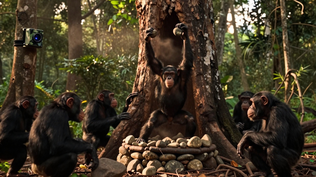Grupo de chimpanzés em floresta observa um jovem segurando pedras em círculo de pedras.