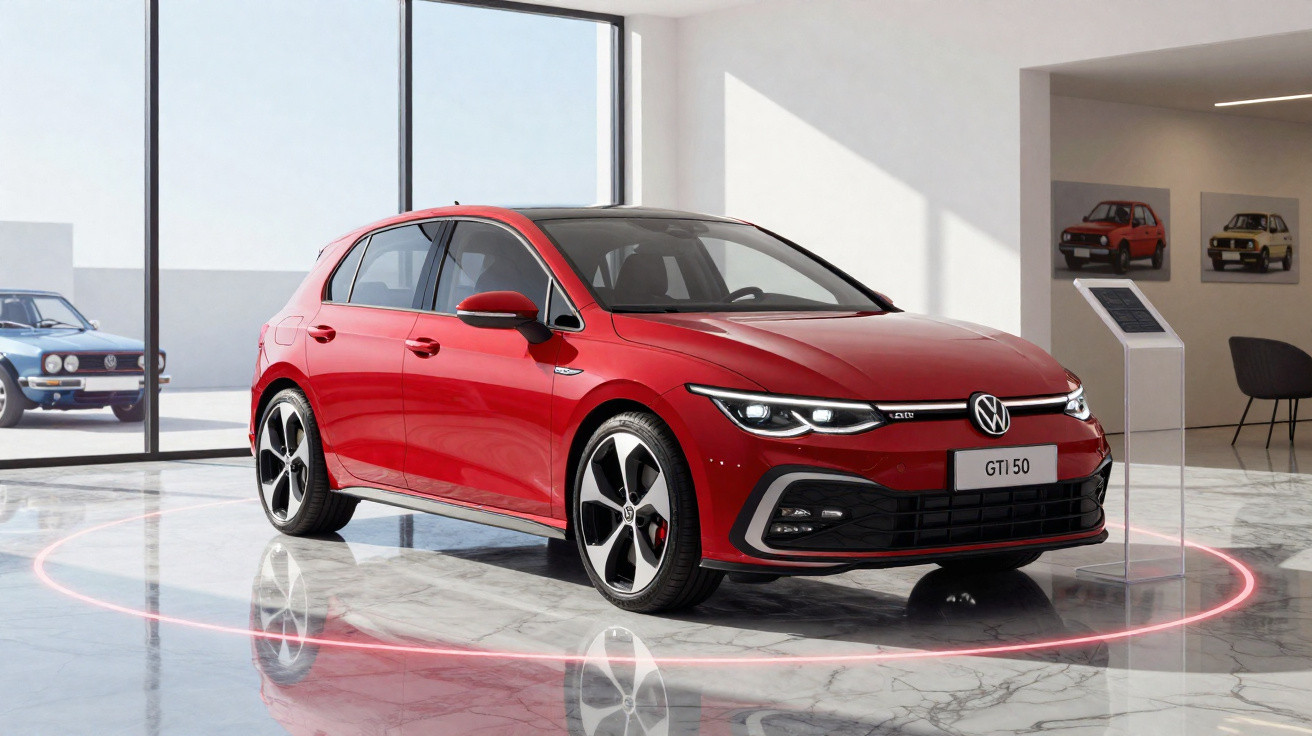 Carro Volkswagen Golf GTI 50 vermelho em exposição moderna com piso de mármore e luzes circulares.