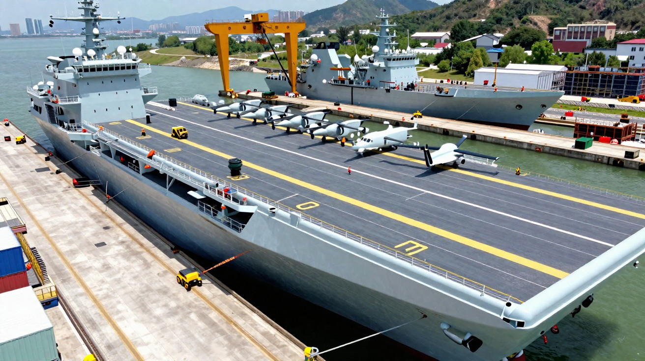 Porta-aviões ancorado com aviões navais no convés em porto com montanhas ao fundo.