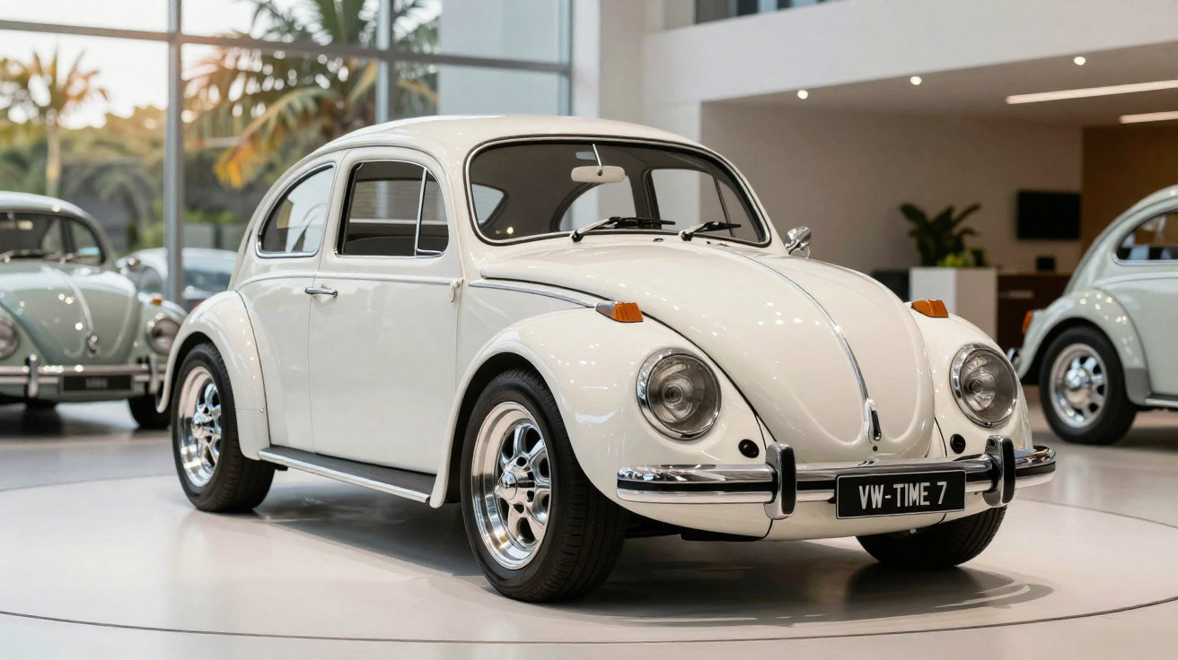 Carro clássico Volkswagen Fusca branco exibido em ambiente interno com iluminação natural e outros Fuscas ao fundo.