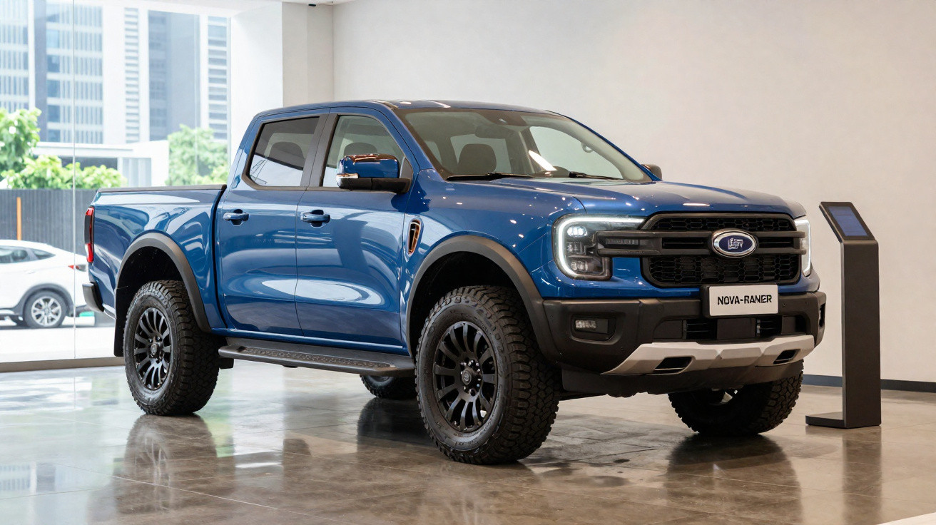 Picape azul nova Ford Ranger exibida em showroom moderno com pneus off-road e faróis em LED.
