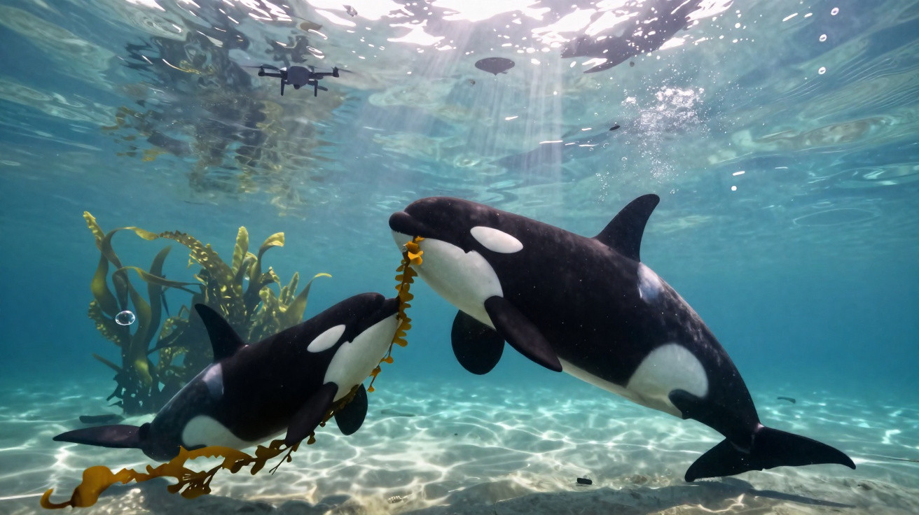 Duas orcas nadando sob a água clara, interagindo com algas marinhas próximas ao fundo arenoso.