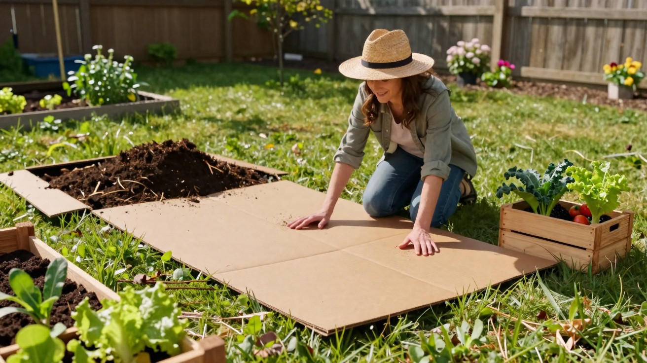 Mulher agachada no jardim preparando caixas de papelão para plantio em canteiros elevados.